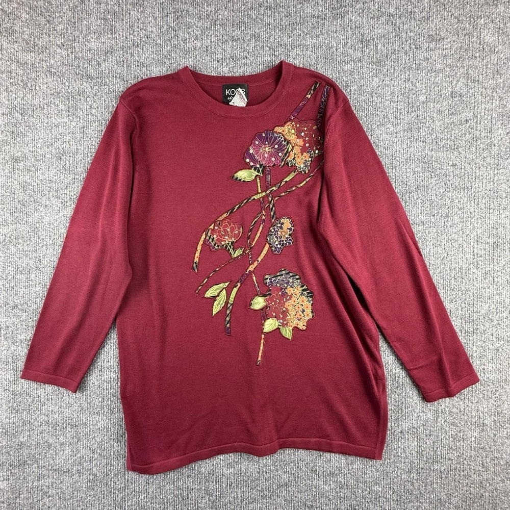 VTG KOOS Of Course! Sweater Womens Medium Red Floral Embroidered Knit Pullover